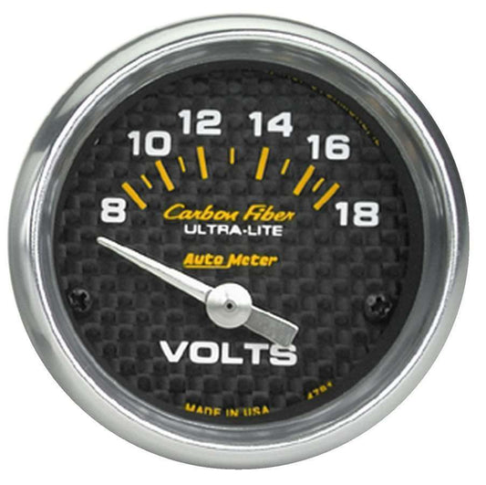 Voltmeter - Carbon Fiber - 8-18V - Electric - Analog - Short Sweep - 2-1/16 in Diameter - Carbon Fiber Look Face - Each