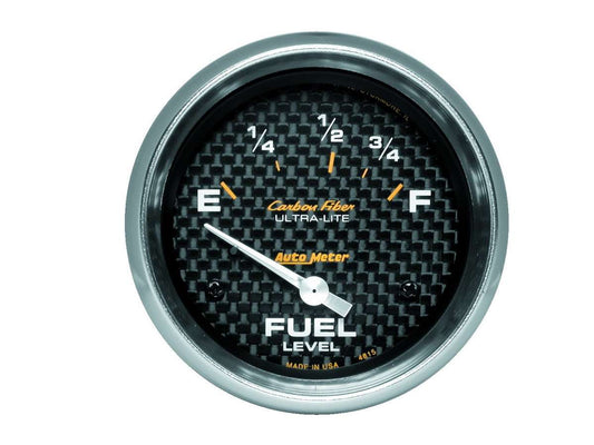 Fuel Level Gauge - Carbon Fiber - 73-10 ohm - Electric - Analog - Short Sweep - 2-5/8 in Diameter - Carbon Fiber Look Face - Each