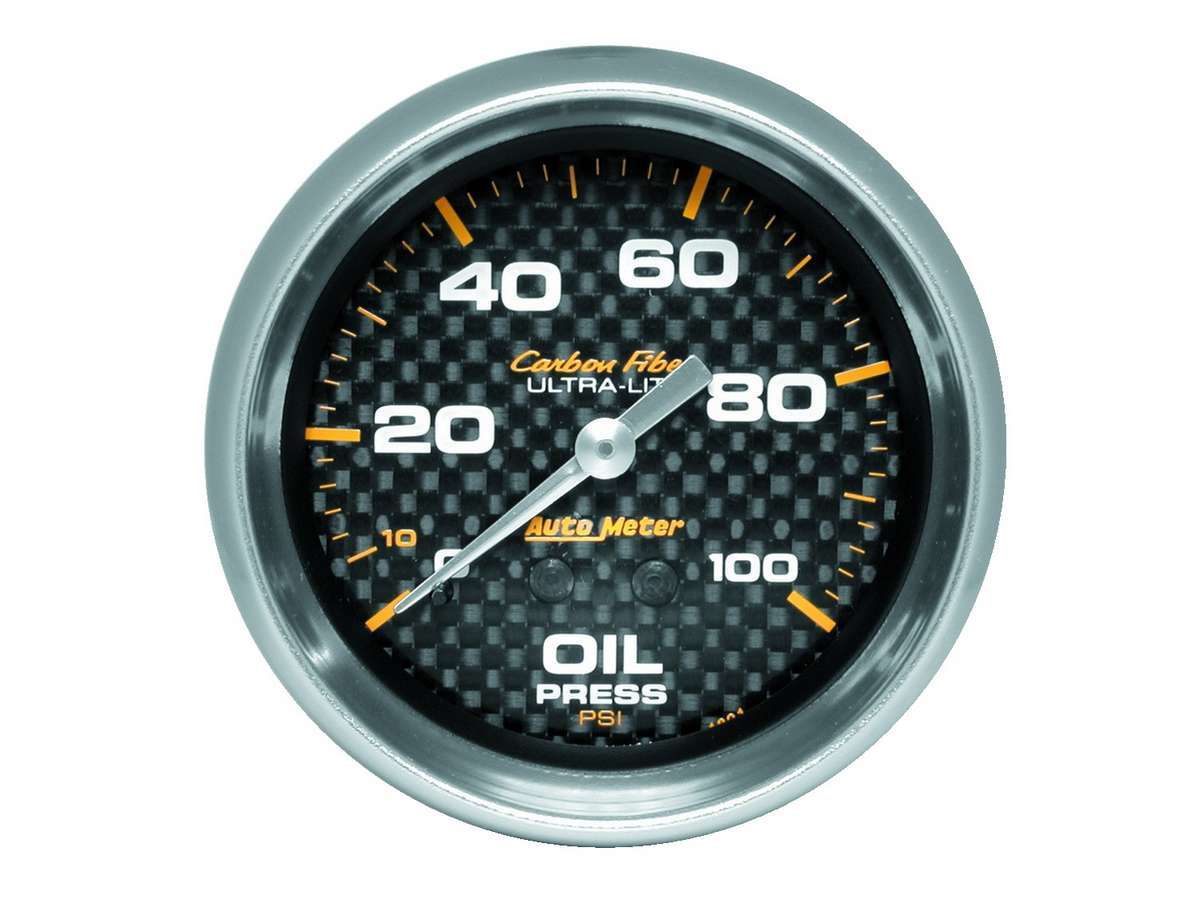 Oil Pressure Gauge - Carbon Fiber - 0-100 psi - Mechanical - Analog - Full Sweep - 2-5/8 in Diameter - Carbon Fiber Look Face - Each