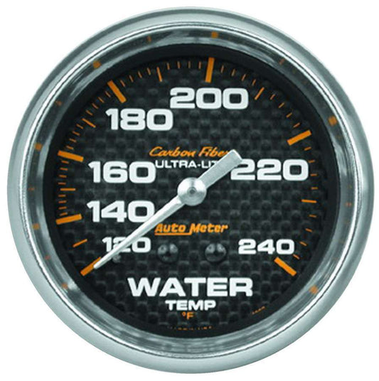 Water Temperature Gauge - Carbon Fiber - 120-240 Degree F - Mechanical - Analog - Full Sweep - 2-5/8 in Diameter - Carbon Fiber Look Face - Each
