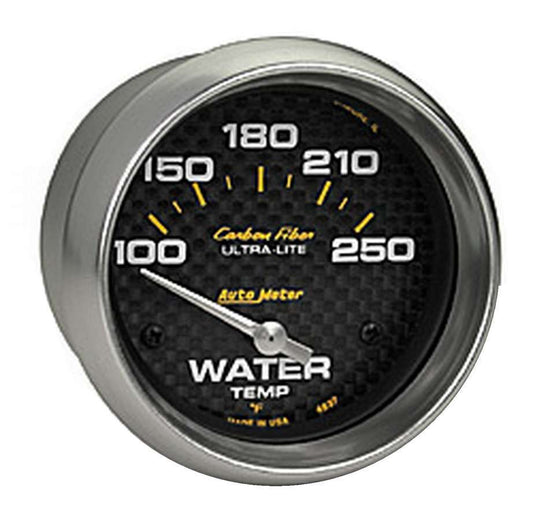 Water Temperature Gauge - Carbon Fiber - 100-250 Degree F - Electric - Analog - Short Sweep - 2-5/8 in Diameter - Carbon Fiber Look Face - Each