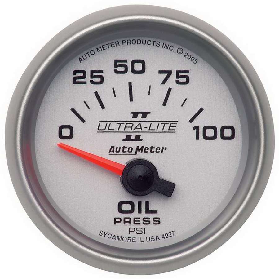 Oil Pressure Gauge - Ultra-Lite II - 0-100 psi - Electric - Analog - Short Sweep - 2-1/16 in Diameter - Silver Face - Each