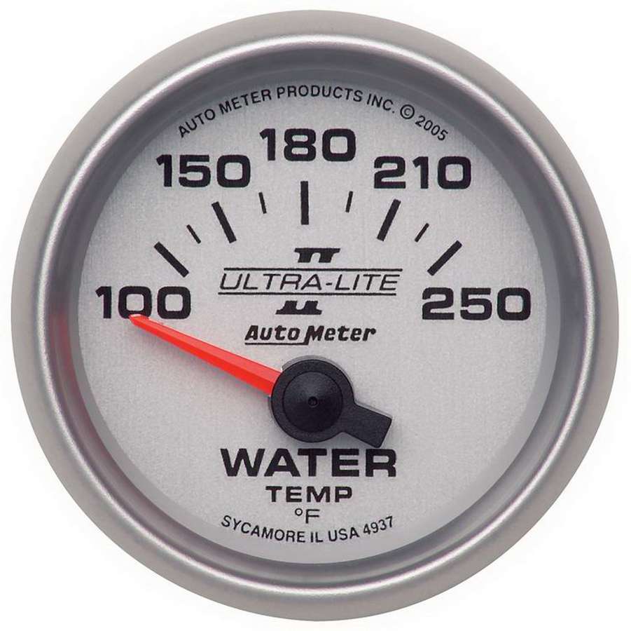 Water Temperature Gauge - Ultra-Lite II - 100-250 Degree F - Electric - Analog - Short Sweep - 2-1/16 in Diameter - Silver Face - Each
