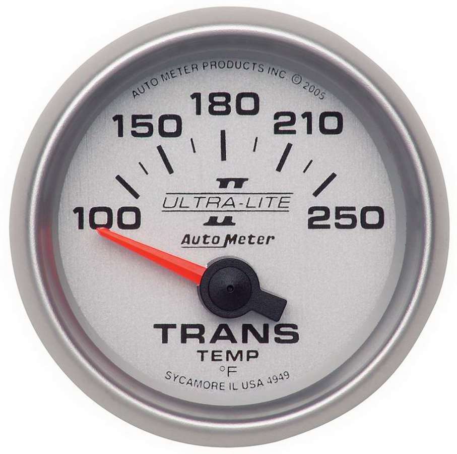 Transmission Temperature Gauge - Ultra-Lite II - 100-250 Degree F - Electric - Analog - Short Sweep - 2-1/16 in Diameter - Silver Face - Each