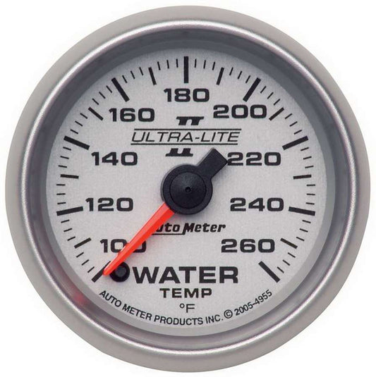 Water Temperature Gauge - Ultra-Lite II - 100-260 Degree F - Electric - Analog - Full Sweep - 2-1/16 in Diameter - Silver Face - Each