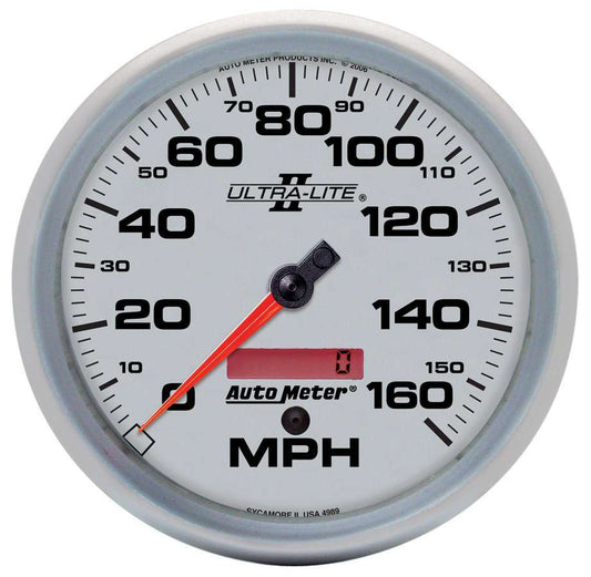 Speedometer - Ultra-Lite II - 160 MPH - Electric - Analog - 5 in Diameter - Programmable - Silver Face - Each