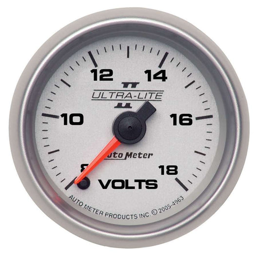 Voltmeter - Ultra-Lite II - 8-18V - Electric - Analog - Full Sweep - 2-1/16 in Diameter - Silver Face - Each