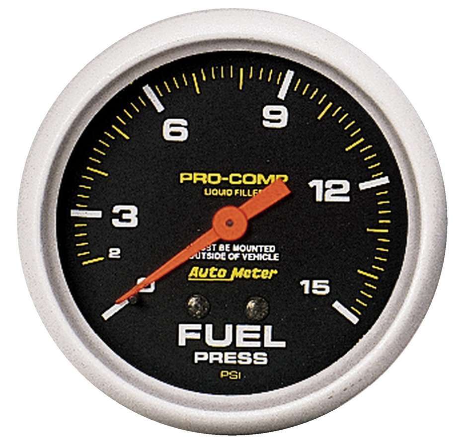 Fuel Pressure Gauge - Pro-Comp - 0-15 psi - Mechanical - Analog - Full Sweep - 2-5/8 in Diameter - Liquid Filled - Black Face - Each