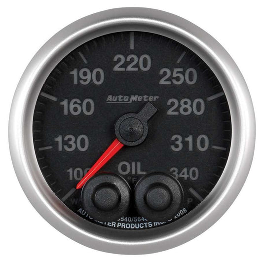 Oil Temperature Gauge - Elite Series - 100-340 Degree F - Electric - Analog - Full Sweep - 2-1/16 in Diameter - Peak and Warn - Black Face - Each