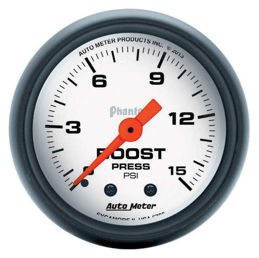 Boost Gauge - Phantom - 0-15 psi - Mechanical - Analog - 2-1/16 in Diameter - White Face - Each