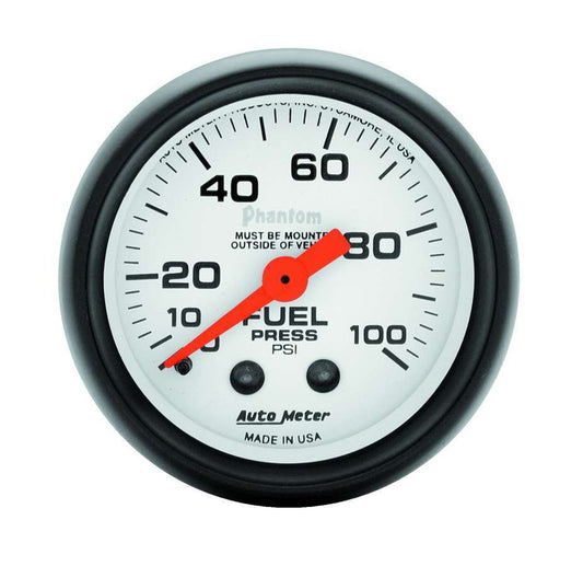 Fuel Pressure Gauge - Phantom - 0-100 psi - Mechanical - Analog - Full Sweep - 2-1/16 in Diameter - White Face - Each