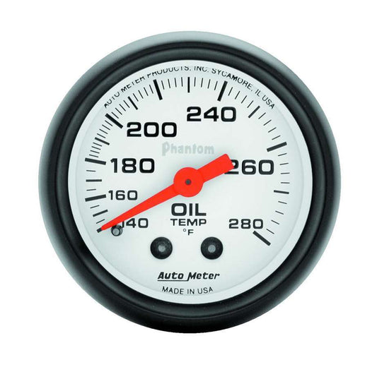 Oil Temperature Gauge - Phantom - 140-280 Degree F - Mechanical - Analog - Full Sweep - 2-1/16 in Diameter - White Face - Each