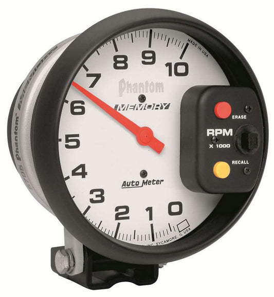 Tachometer - Phantom - 10000 RPM - Electric - Analog - 5 in Diameter - Pedestal Mount - Memory - White Face - Each