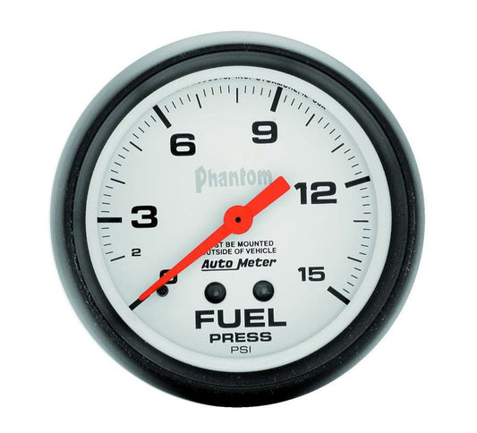 Fuel Pressure Gauge - Phantom - 0-15 psi - Mechanical - Analog - Full Sweep - 2-5/8 in Diameter - White Face - Each