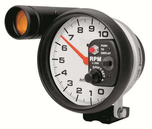 Tachometer - Phantom - 10000 RPM - Electric - Analog - 5 in Diameter - Pedestal Mount - Shift Light - White Face - Each
