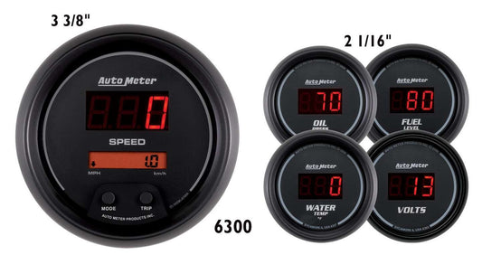 Gauge Kit - Sport-Comp - Digital - Oil Pressure / Fuel Level / Speedometer / Voltmeter / Water Temperature - Black Face - Kit