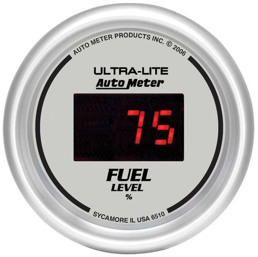Fuel Level Gauge - Ultra-Lite - 0-280 ohm - Electric - Digital - 2-1/16 in Diameter - Programmable - Silver Face - Each