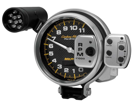 Tachometer - Carbon Fiber - 11000 RPM - Electric - Analog - 5 in Diameter - Pedestal Mount - Shift Light - Memory - Carbon Fiber Look Face - Each