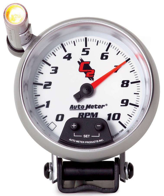 Tachometer - C2 - 10000 RPM - Electric - Analog - 3-3/4 in Diameter - Pedestal Mount - Shift Light - White Face - Each