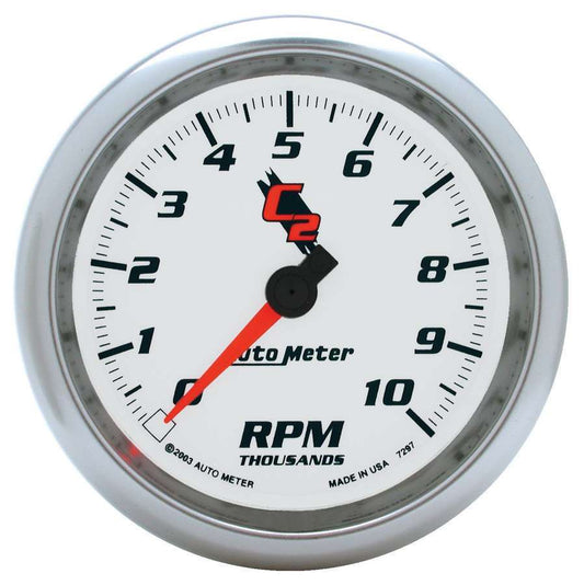 Tachometer - C2 - 10000 RPM - Electric - Analog - 3-3/8 in Diameter - Dash Mount - White Face - Each