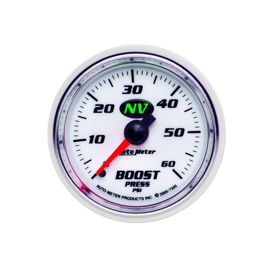 Boost Gauge - NV - 0-60 psi - Mechanical - Analog - 2-1/16 in Diameter - White Face - Each