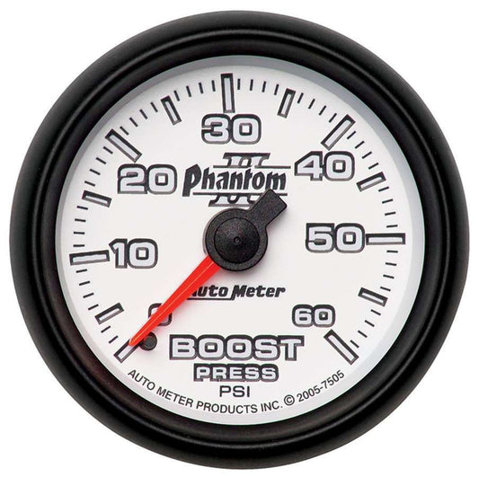 Boost Gauge - Phantom II - 0-60 psi - Mechanical - Analog - 2-1/16 in Diameter - White Face - Each