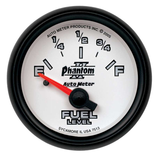 Fuel Level Gauge - Phantom II - 0-90 ohm - Electric - Analog - Short Sweep - 2-1/16 in Diameter - White Face - Each