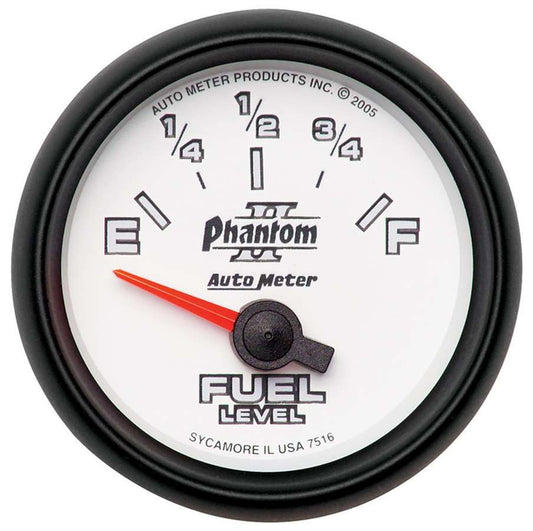 Fuel Level Gauge - Phantom II - 240-33 ohm - Electric - Analog - Short Sweep - 2-1/16 in Diameter - White Face - Each