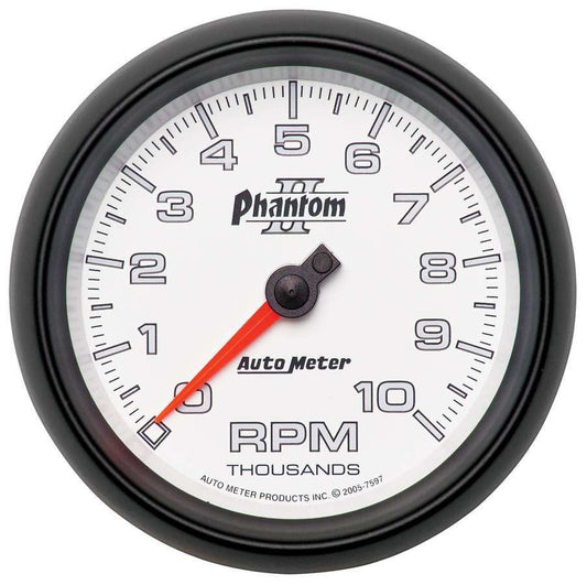 Tachometer - Phantom II - 10000 RPM - Electric - Analog - 3-3/8 in Diameter - Dash Mount - White Face - Each