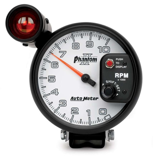 Tachometer - Phantom II - 10000 RPM - Electric - Analog - 5 in Diameter - Pedestal Mount - Shift Light - White Face - Each