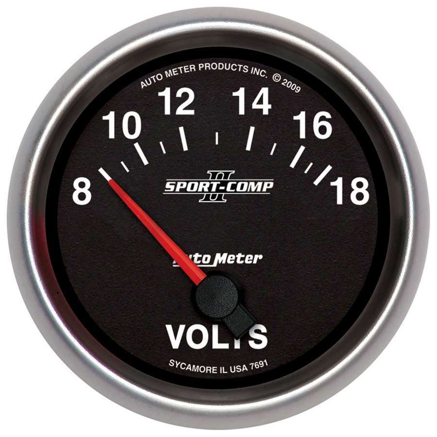 Voltmeter - Sport-Comp II - 8-18V - Electric - Analog - Short Sweep - 2-5/8 in Diameter - Black Face - Each