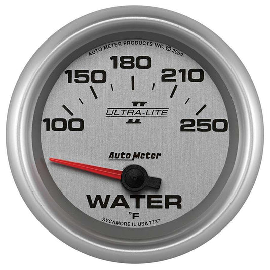 Water Temperature Gauge - Ultra-Lite II - 100-250 Degree F - Electric - Analog - Short Sweep - 2-5/8 in Diameter - Silver Face - Each