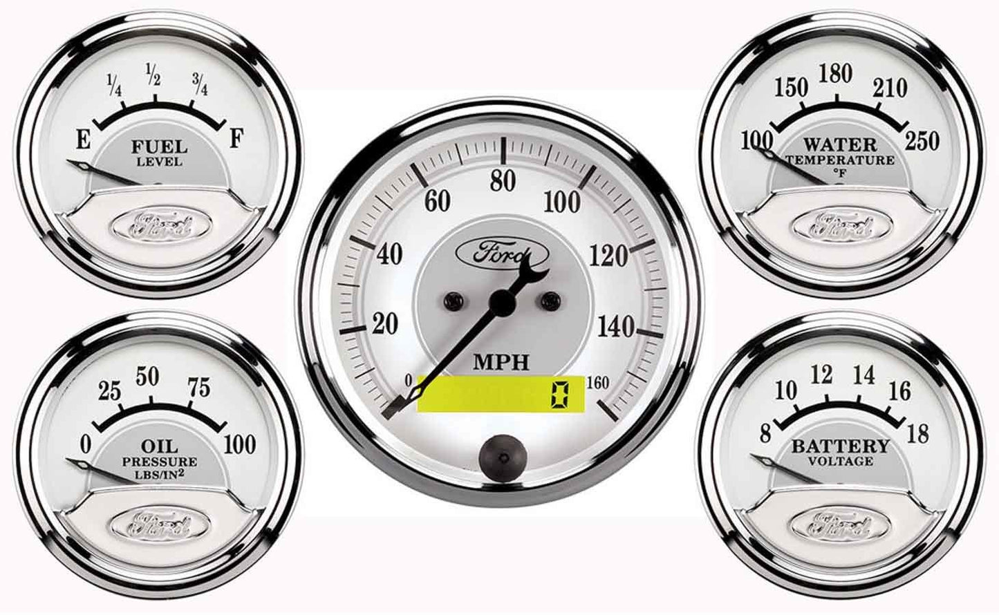 Gauge Kit - Ford Masterpiece - Analog - Fuel Level / Oil Pressure / Speedometer / Voltmeter / Water Temperature - Ford Logo - 3-1/8 in / 2-1/16 in Diameter - White / Gray Face - Kit