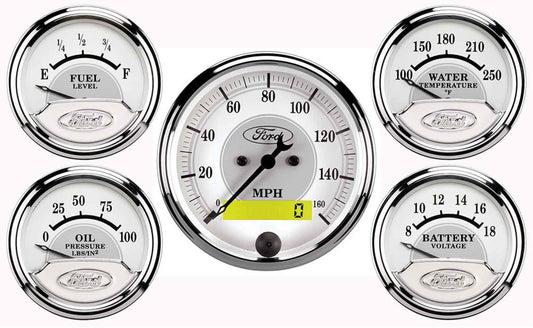 Gauge Kit - Ford Masterpiece - Analog - Fuel Level / Oil Pressure / Speedometer / Voltmeter / Water Temperature - Ford Logo - 3-1/8 in / 2-1/16 in Diameter - White / Gray Face - Kit