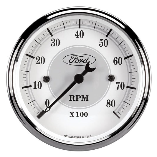 Tachometer - Ford Masterpiece - 8000 RPM - Electric - Analog - 3-1/8 in Diameter - Ford Logo - Dash Mount - White / Gray Face - Each