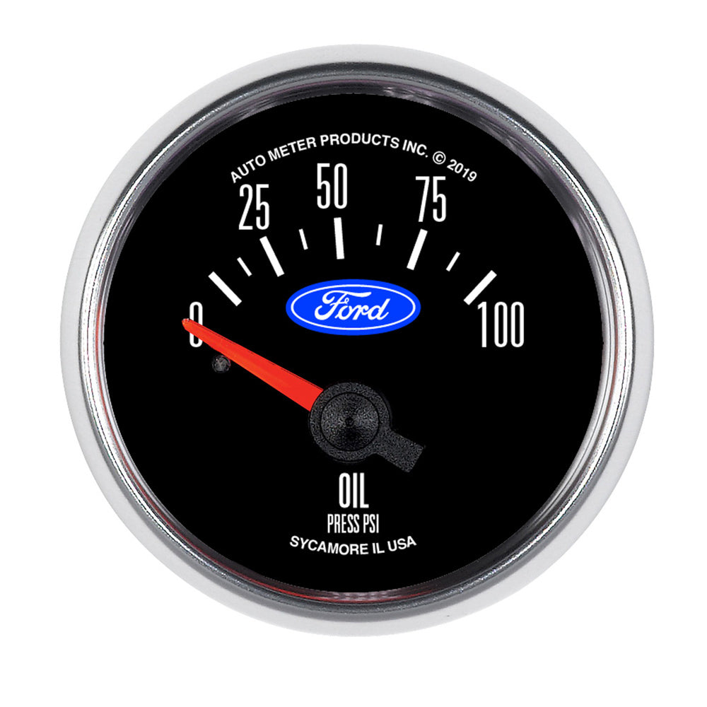 Oil Pressure Gauge - Ford - 0-100 psi - Mechanical - Analog - Short Sweep - 2-1/16 in Diameter - 1/8 in NPT Port - Ford Logo - Black Face - Each