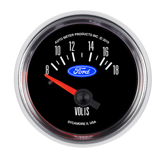 Voltmeter - Ford - 8-18V - Electric - Analog - Short Sweep - 2-1/16 in Diameter - Ford Logo - Black Face - Each