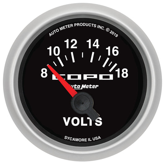 Voltmeter - COPO - 8-18V - Electric - Analog - Short Sweep - 2-1/16 in Diameter - Black Face - Each