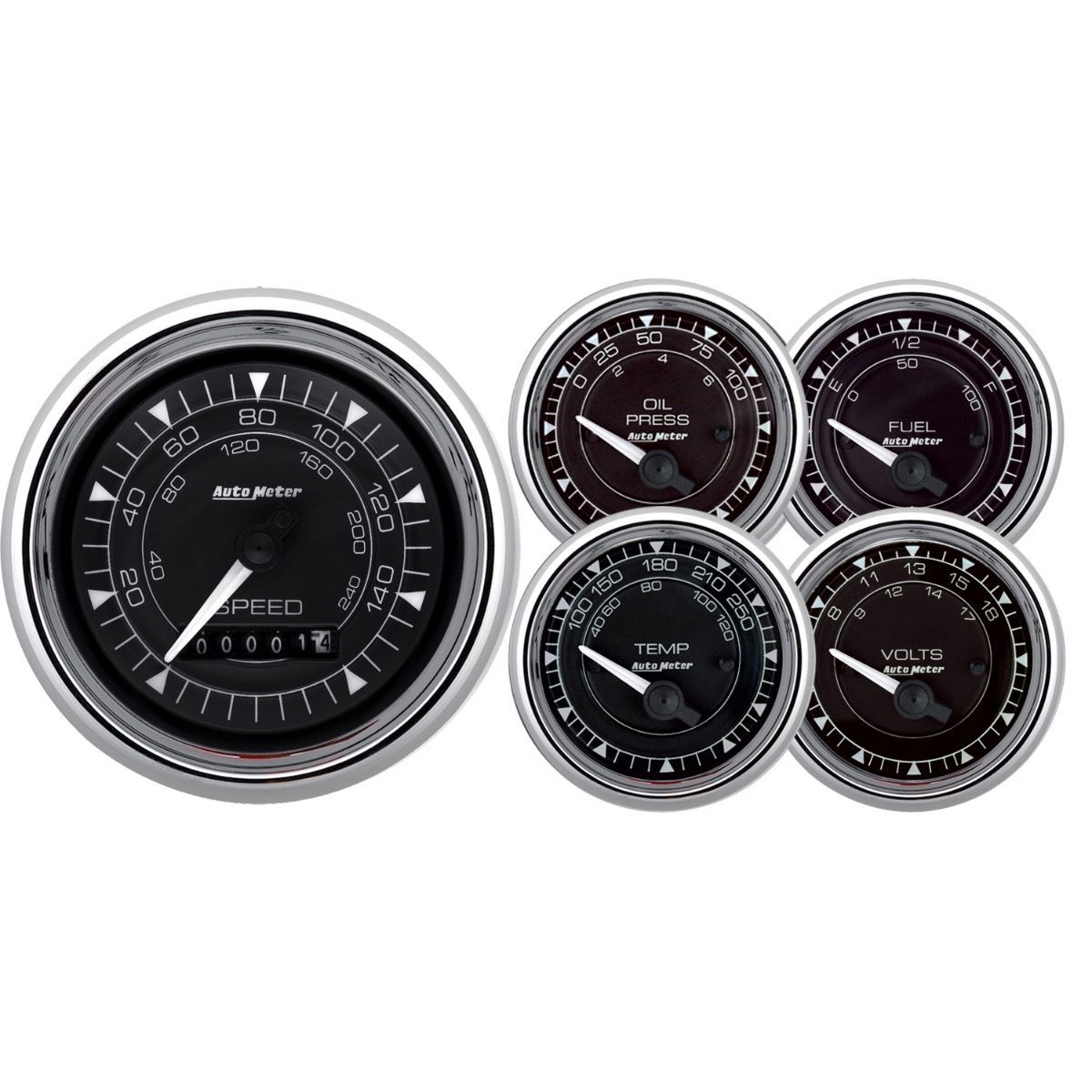 Gauge Kit - Chrono Series - Analog - Fuel Level / Oil Pressure / Speedometer / Voltmeter / Water Temperature - Chrome Bezel - Black Face - Kit