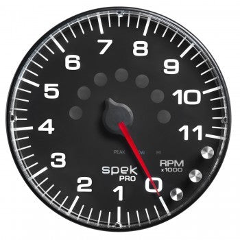 Tachometer - Spek Pro - 11000 RPM - Electric - Analog - 5 in Diameter - Dash Mount - Shift Light - Peak Recall - Black Face - Each