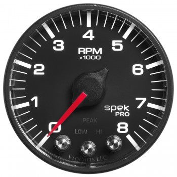 Tachometer - Spek Pro - 8000 RPM - Electric - Analog - 2-1/16 in Diameter - Dash Mount - Shift Light - Peak Recall - Black Face - Each