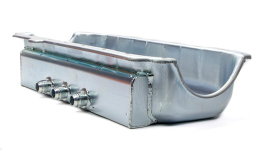 Engine Oil Pan - Dry Sump - 4.5 in Deep - Three 12 AN Male Passenger Side Pickups - Steel - Zinc Plated - 2-Piece Seal - Small Block Chevy - Each