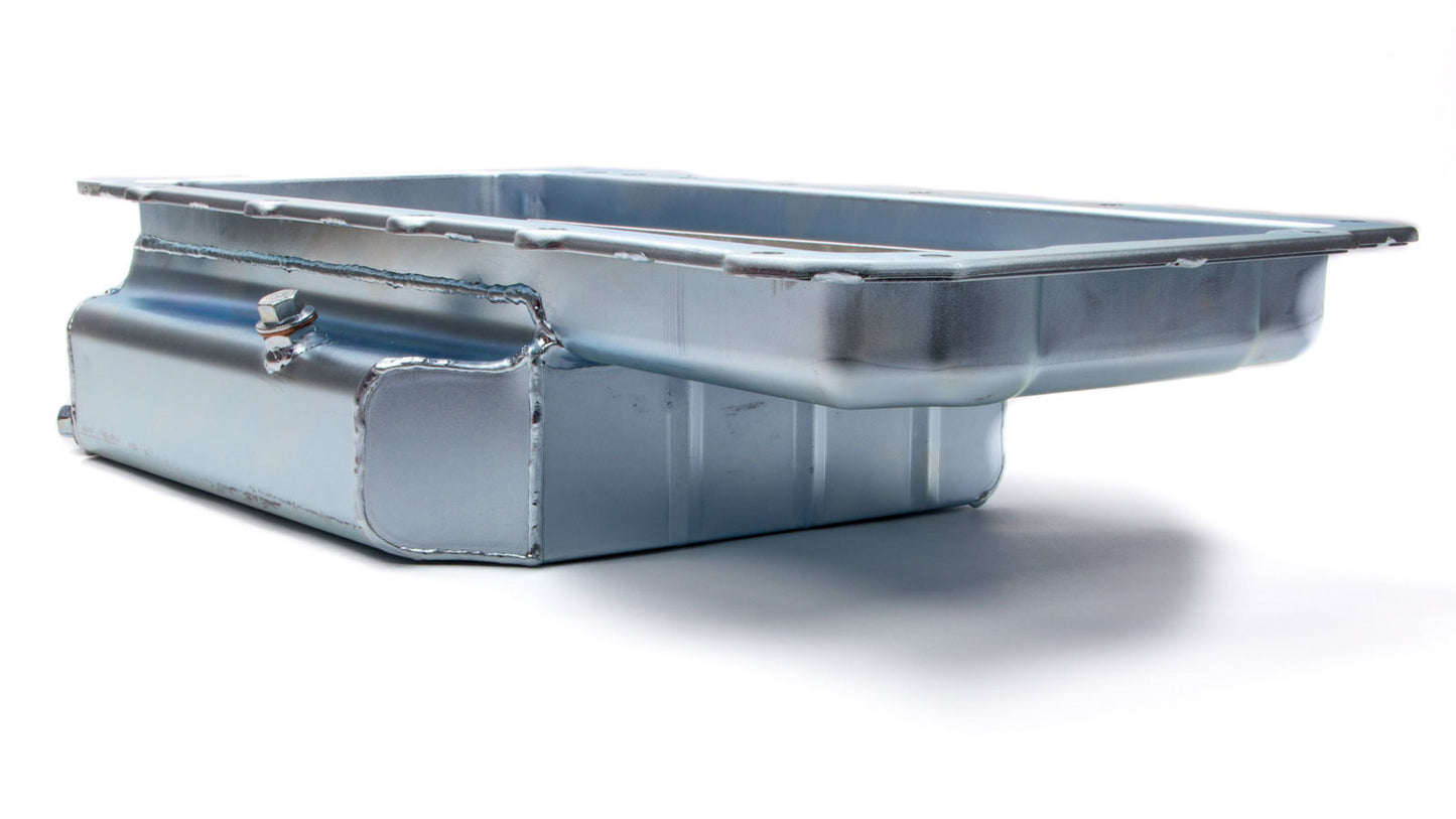 Engine Oil Pan - Oval Track - Rear Sump - 6 qt - 4.5 in Deep - Steel - Zinc Plated - GM LS-Series - Each