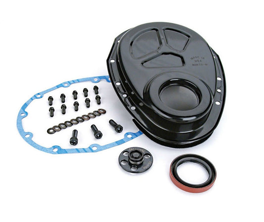 Timing Cover - 1-Piece - Gaskets / Hardware / Seal Included - Steel - Black Powder Coat - Small Block Chevy - Each