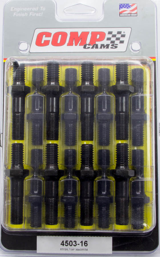 Rocker Arm Stud - Magnum - 7/16-14 in Base Thread - 7/16-20 in Top Thread - 1.750 in Effective Stud Length - Steel - Black Oxide - Universal - Set of 16
