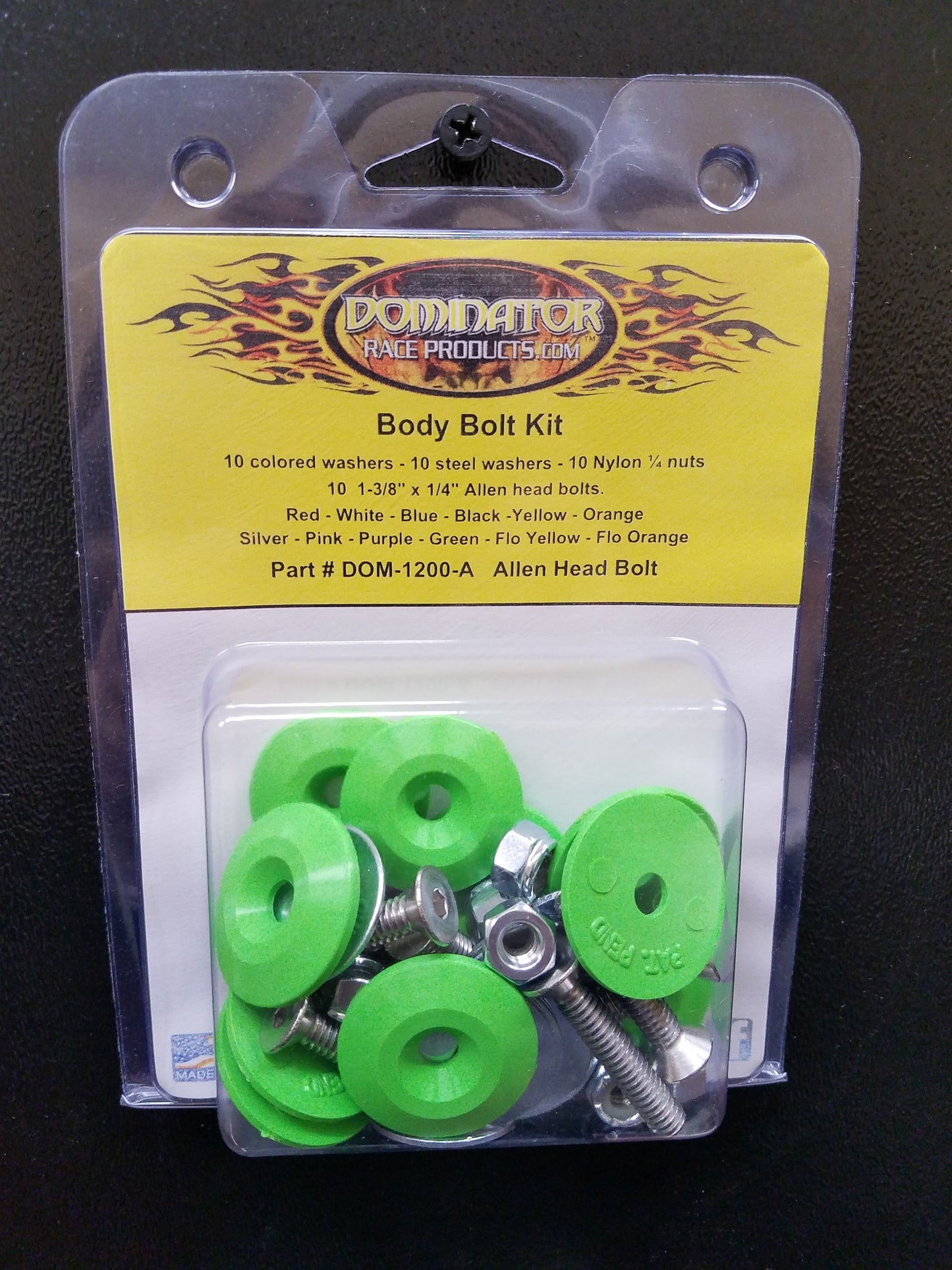 Countersunk Bolt Kit - 1/4-20 in Thread - 1.75 in Long - Allen Head - Countersunk Washers / Nuts - Plastic / Steel - Xtreme Green - Set of 10