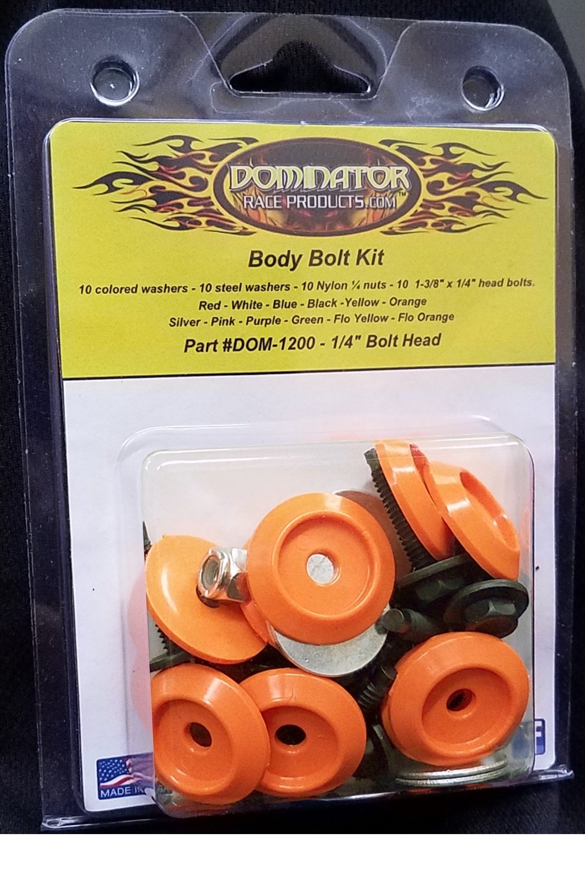 Countersunk Bolt Kit - 1/4-20 in Thread - 1.375 in Long - Hex Head - Countersunk Washers / Nuts - Plastic / Steel - Orange - Set of 10