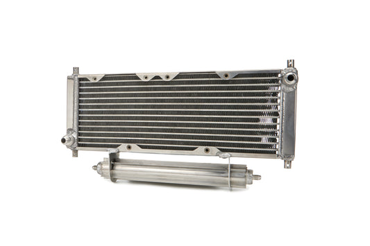 Fluid Cooler - 17.625 x 9.625 x 3.5 in - 8 AN Male Inlet / Outlet - 4 AN Top Cooler - Brackets / Dual Fan Mount / Scoop Included - Aluminum - Natural - INEX / US Legends - Kit