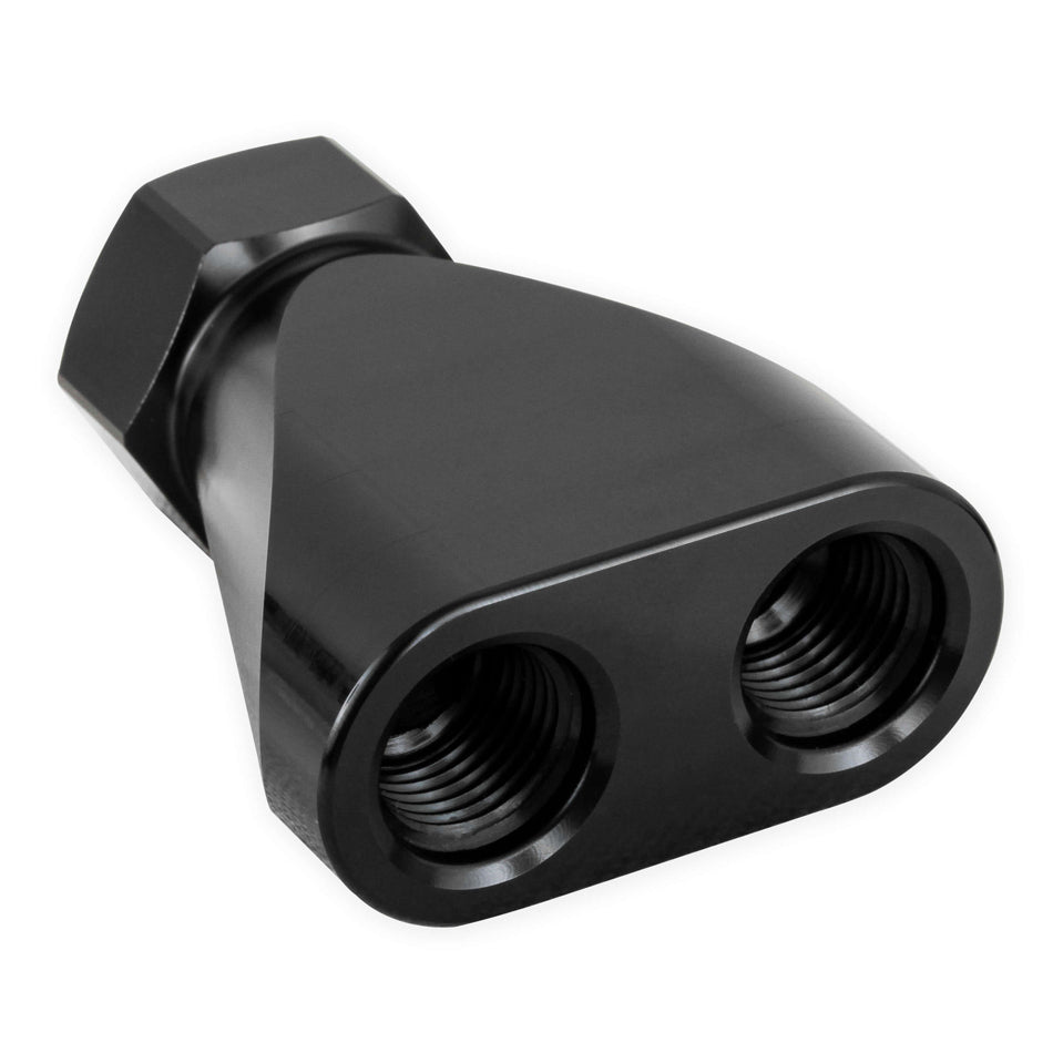 Fitting - Y Block - 8 AN Female Inlet - Dual 6 AN Female Outlets - Aluminum - Black Anodized - Each