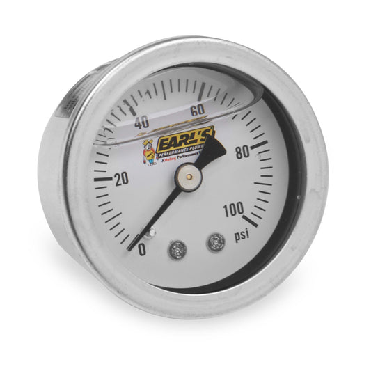 Pressure Gauge - 0-100 psi - Mechanical - Analog - 1-1/2 in Diameter - Liquid Filled - 1/8 in NPT Port - White Face - Each